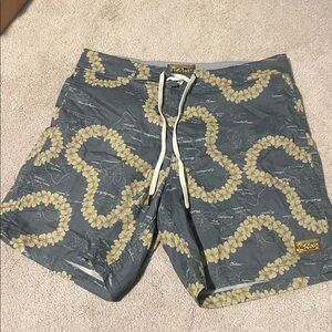 size 30 men’s RVCA blue and yellow board shorts with pattern